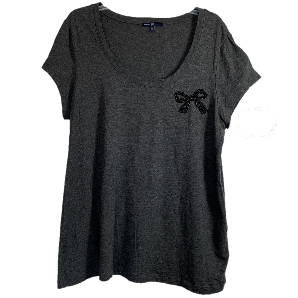 Gap Scoop Neck T-Shirt Grey w/ Beaded Bow XL